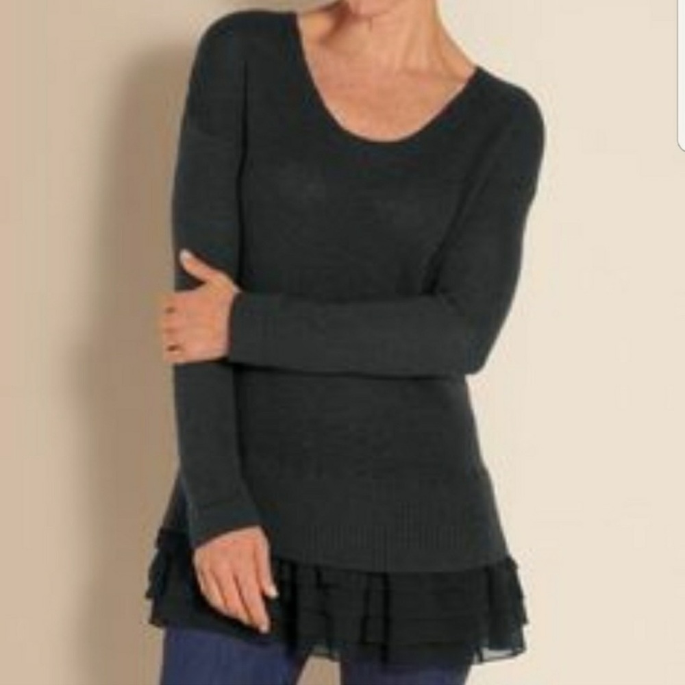 Soft Surroundings Provence Ruffle Wool Blend Sweater Black Longline-Small